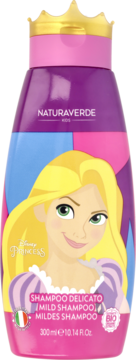 Delikatny szampon Naturaverde Kids Disney Princess z Rapunzel, fioletowa butelka z koroną, widok z przodu.