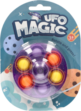 Fioletowa zabawka UFO Magic spinner pop it w opakowaniu typu blister, widok z przodu, kosmiczny motyw.