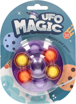 Fioletowa zabawka UFO Magic spinner pop it w opakowaniu typu blister, widok z przodu, kosmiczny motyw.