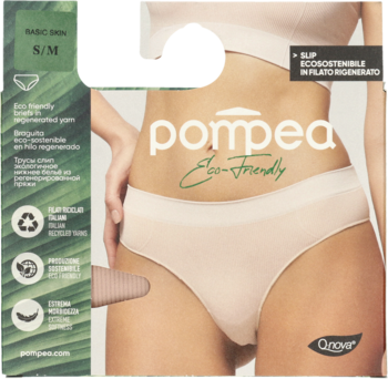 Beżowe figi damskie Pompea Eco-Friendly z prążkowanej przędzy Q-NOVA, na modelce, opakowanie S/M.