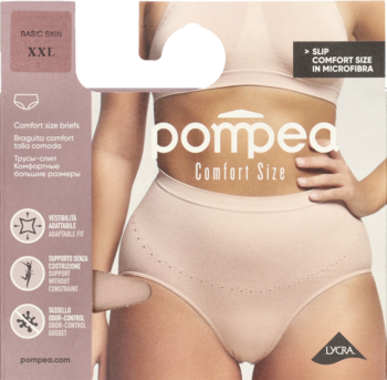 Cieliste figi Pompea Comfort Size XXL na opakowaniu, pokazujące modelkę w bezszwowych majtkach z mikrofibry.
