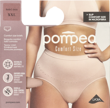 Cieliste figi Pompea Comfort Size XXL na opakowaniu, pokazujące modelkę w bezszwowych majtkach z mikrofibry.