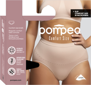 Opakowanie fig pompea Comfort Size i modelka w beżowych, bezszwowych figach z mikrofibry, modelujących brzuch.