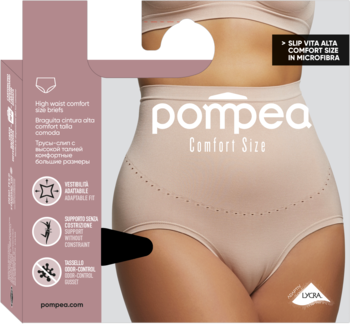 Beżowe figi bezszwowe Pompea Curvy z wysokim stanem, z mikrofibry, modelujące brzuch, na modelce i opakowaniu.
