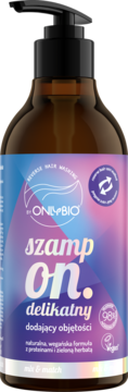 OnlyBio szampon On delikatny dodający objętości, brązowa butelka z pompką, z przodu.