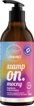 OnlyBio Szampon On. Mocny, brązowa butelka z pompką i kolorową etykietą. Dogłębnie oczyszczający.
