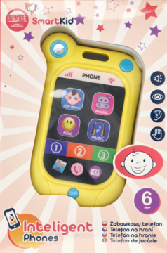 Żółty telefon SmartKid Intelligent Phones dla dzieci 6m+, z interaktywnymi ikonami, w różowym opakowaniu.