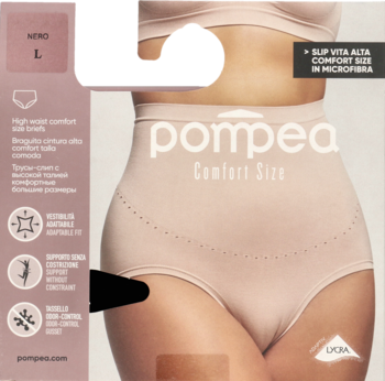 Opakowanie beżowych fig Pompea Comfort Size z wysokim stanem, bezszwowych, na modelce, z perforowanym pasem.