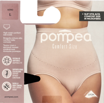 Opakowanie beżowych fig Pompea Comfort Size z wysokim stanem, bezszwowych, na modelce, z perforowanym pasem.