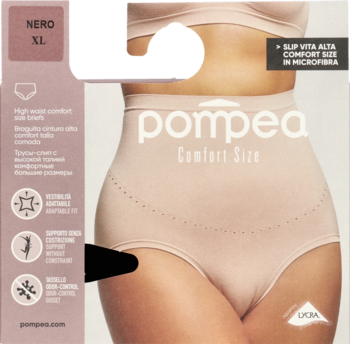 Beżowe, bezszwowe figi Pompea Curvy z wysokim stanem i mikrofibry, z systemem podparcia brzucha, na modelce.