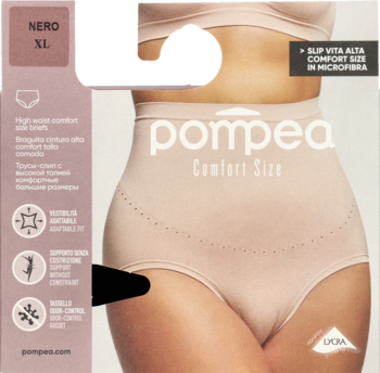 Beżowe, bezszwowe figi Pompea Curvy z wysokim stanem i mikrofibry, z systemem podparcia brzucha, na modelce.