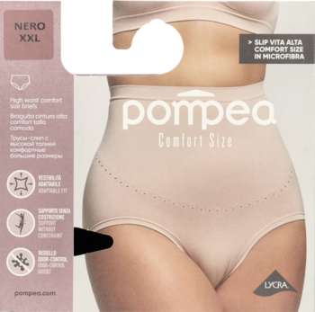 Beżowe figi Pompea Comfort Size high-waisted, z mikrofibry, bezszwowe, z podparciem brzucha, na modelce.
