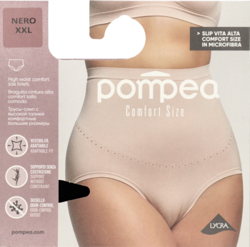 Beżowe figi Pompea Comfort Size high-waisted, z mikrofibry, bezszwowe, z podparciem brzucha, na modelce.