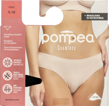 Front opakowania beżowych, bezszwowych fig brazylianów Pompea Seamless z oddychającej mikrofibry, na modelce.