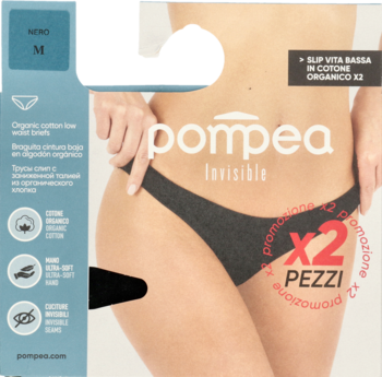 Pompea Invisible czarne figi damskie z bawełny organicznej, niski stan, 2 sztuki, na opakowaniu modelka.