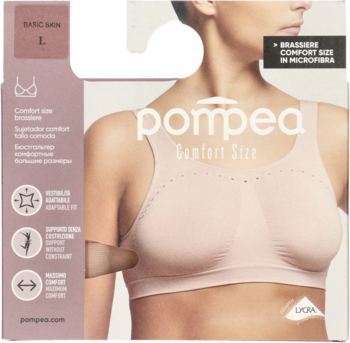 Cielisty biustonosz Pompea Comfort Size, bezszwowa braletka z mikrofibry na opakowaniu z grafiką modelki.