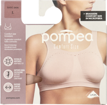 Cielisty biustonosz Pompea Comfort Size, bezszwowa braletka z mikrofibry na opakowaniu z grafiką modelki.