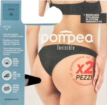 Czarne, niewidoczne figi brazyliany Pompea z bawełny organicznej, 2 sztuki, na modelce i w opakowaniu.