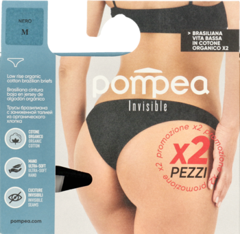 Czarne, niewidoczne figi brazyliany Pompea z bawełny organicznej, 2 sztuki, na modelce i w opakowaniu.