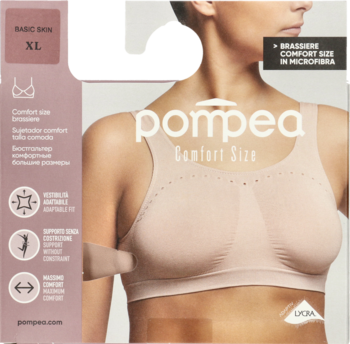 Biustonosz Pompea Comfort Size Basic Skin XL z mikrofibry, na beżowym opakowaniu z modelką, widok z przodu.
