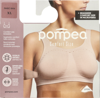 Biustonosz Pompea Comfort Size Basic Skin XL z mikrofibry, na beżowym opakowaniu z modelką, widok z przodu.