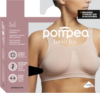 Beżowy biustonosz bezszwowy Pompea Comfort Size z mikrofibry, z perforacjami, na modelce i opakowaniu.