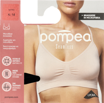 Bezszwowy biustonosz Pompea S/M w kolorze nude, na opakowaniu z modelką. Miękki z mikrofibry.