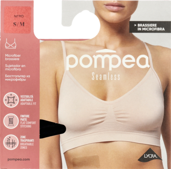 Bezszwowy biustonosz Pompea S/M w kolorze nude, na opakowaniu z modelką. Miękki z mikrofibry.