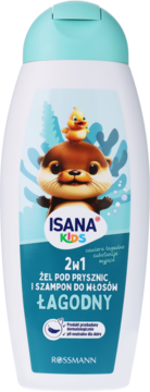 Isana Kids 2w1 łagodny żel i szampon w białej butelce z niebieską etykietą, widok z przodu z wydrą.