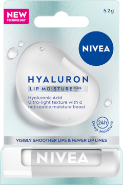 Blister NIVEA Hyaluron Lip Moisture Plus 5.2g, biało-niebieski, z kwasem hialuronowym i białym sztyftem u dołu.