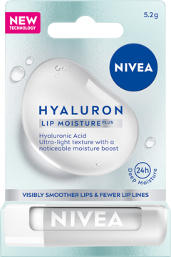 Blister NIVEA Hyaluron Lip Moisture Plus 5.2g, biało-niebieski, z kwasem hialuronowym i białym sztyftem u dołu.