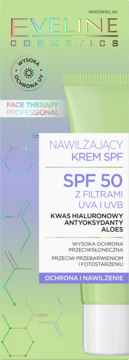 Eveline Nawilżający Krem SPF 50 do twarzy w zielono-białym opakowaniu, z przodu, ochrona przed przebarwieniami.