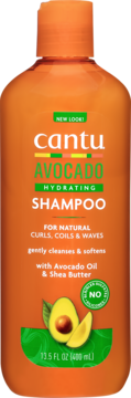 Cantu Avocado Hydrating Shampoo 400ml, pomarańczowa butelka z zielonym logo i awokado, do loków i fal.