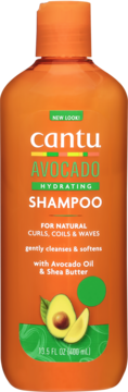 Cantu Avocado Hydrating Shampoo 400ml w pomarańczowej butelce z etykietą z awokado, widok z przodu.