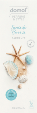 Domol Perfume & Style Seaside Breeze air freshener packaging, white, with seashells, starfish, and sand.