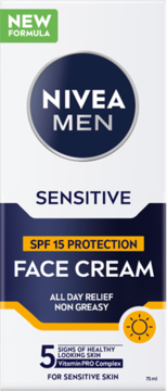 Nivea Men Sensitive SPF 15 Face Cream box, front view, dark blue and white with SPF 15 protection.