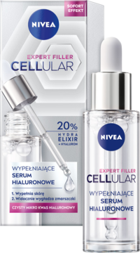 Nivea Cellular Expert Filler serum hialuronowe, butelka z pipetą i białe opakowanie na jasnym tle.