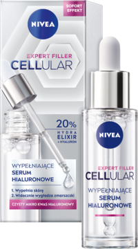 Nivea Cellular Expert Filler serum hialuronowe, butelka z pipetą i białe opakowanie na jasnym tle.