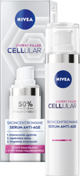 NIVEA Cellular Expert Filler Anti-Age Serum, biała butelka z pompką obok białego pudełka 50% kwasu hialuronowego.