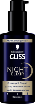 Gliss Night Elixir Overnight Repair, ciemna butelka z pompką, do włosów zniszczonych, widok z przodu.