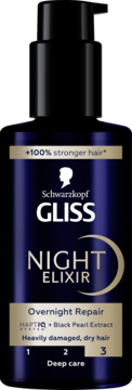 Gliss Night Elixir Overnight Repair, ciemna butelka z pompką, do włosów zniszczonych, widok z przodu.