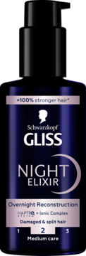 Gliss Night Elixir do nocnej odbudowy włosów uszkodzonych, ciemna butelka z pompką, widok przód.