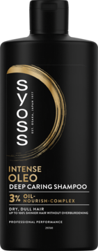 Syoss Intense Oleo Deep Caring Shampoo, czarna butelka, 3% Oil-Nourish-Complex, na suche włosy. Widok z przodu.