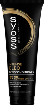 Syoss Intense Oleo Deep Conditioner, czarna tubka ze złotym logo, dla suchych włosów z Oil-Nourish Complex.