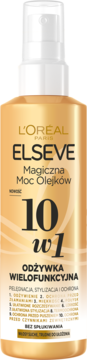 Złota butelka L'Oréal Elseve 10 w 1 Magiczna Moc Olejków, wielofunkcyjna odżywka bez spłukiwania, widok z przodu.