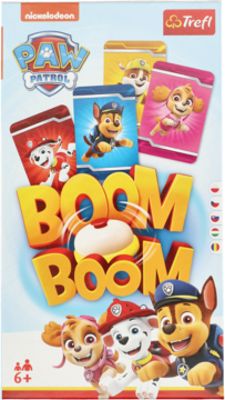 Pudełko gry karcianej Psi Patrol Boom Boom, z postaciami Chase'a, Marshalla i Skye, logo Nickelodeon i Trefl.