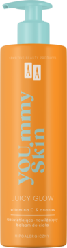 AA YOU.mmy Skin Juicy Glow balsam do ciała z witaminą C i ananasem, pomarańczowa butelka z pompką.