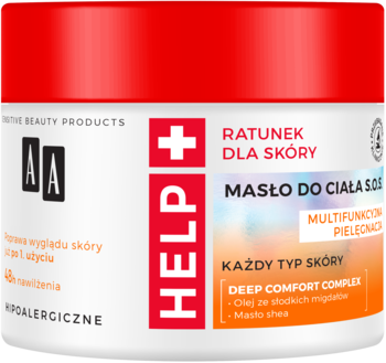 Hipoalergiczne masło do ciała AA Help S.O.S. w białym słoiku z pomarańczową zakrętką, widok z przodu.