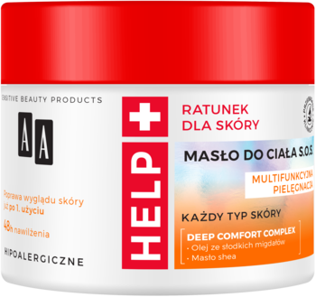 Hipoalergiczne masło do ciała AA Help S.O.S. w białym słoiku z pomarańczową zakrętką, widok z przodu.