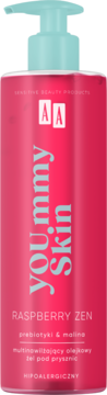 AA YOU.mmy Skin Raspberry Zen, multinawilżający żel pod prysznic w różowej butelce z niebieską pompką, widok z przodu.